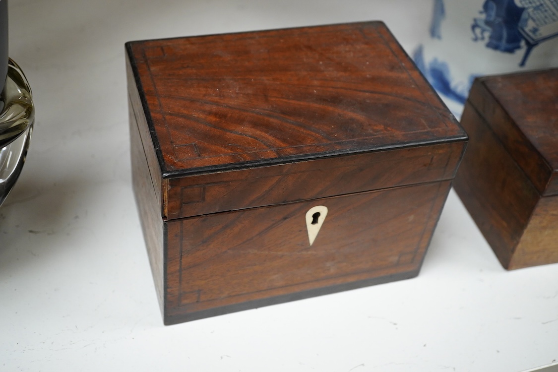 Two 19th century mahogany tea caddies, one with bone escutcheon, largest 20cm wide